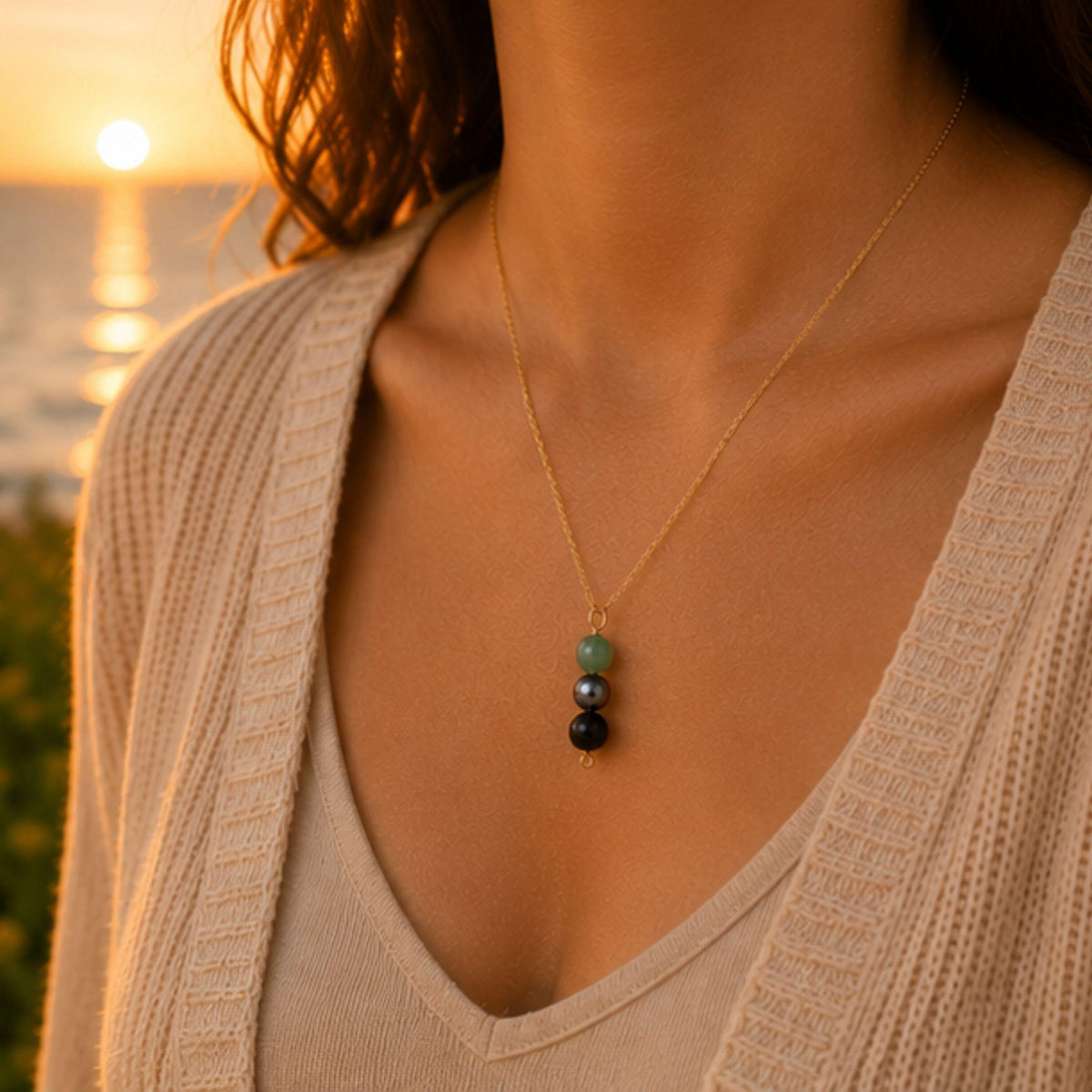 Black onyx green aventurine gemstone necklace gift for her
