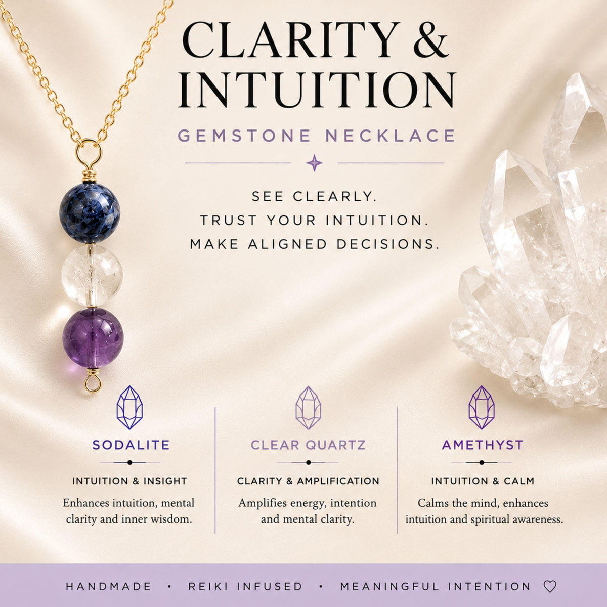 Sodalite clear quartz amethyst crystal pendant necklace