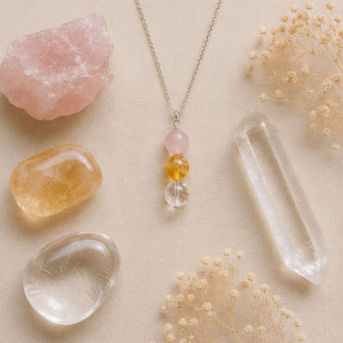 Rose quartz citrine clear quartz crystal pendant necklace for women
