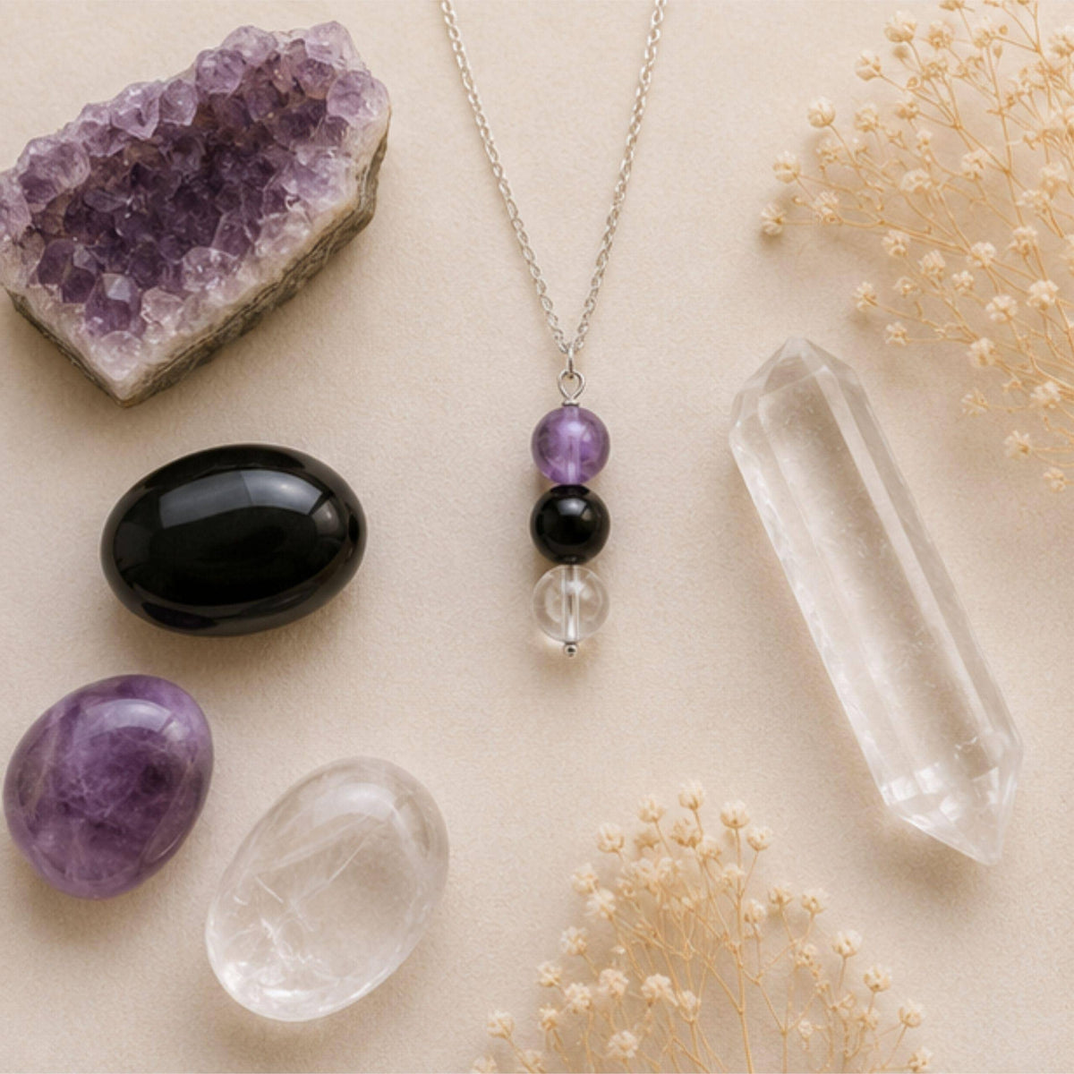 Amethyst black onyx clear quartz crystal pendant necklace