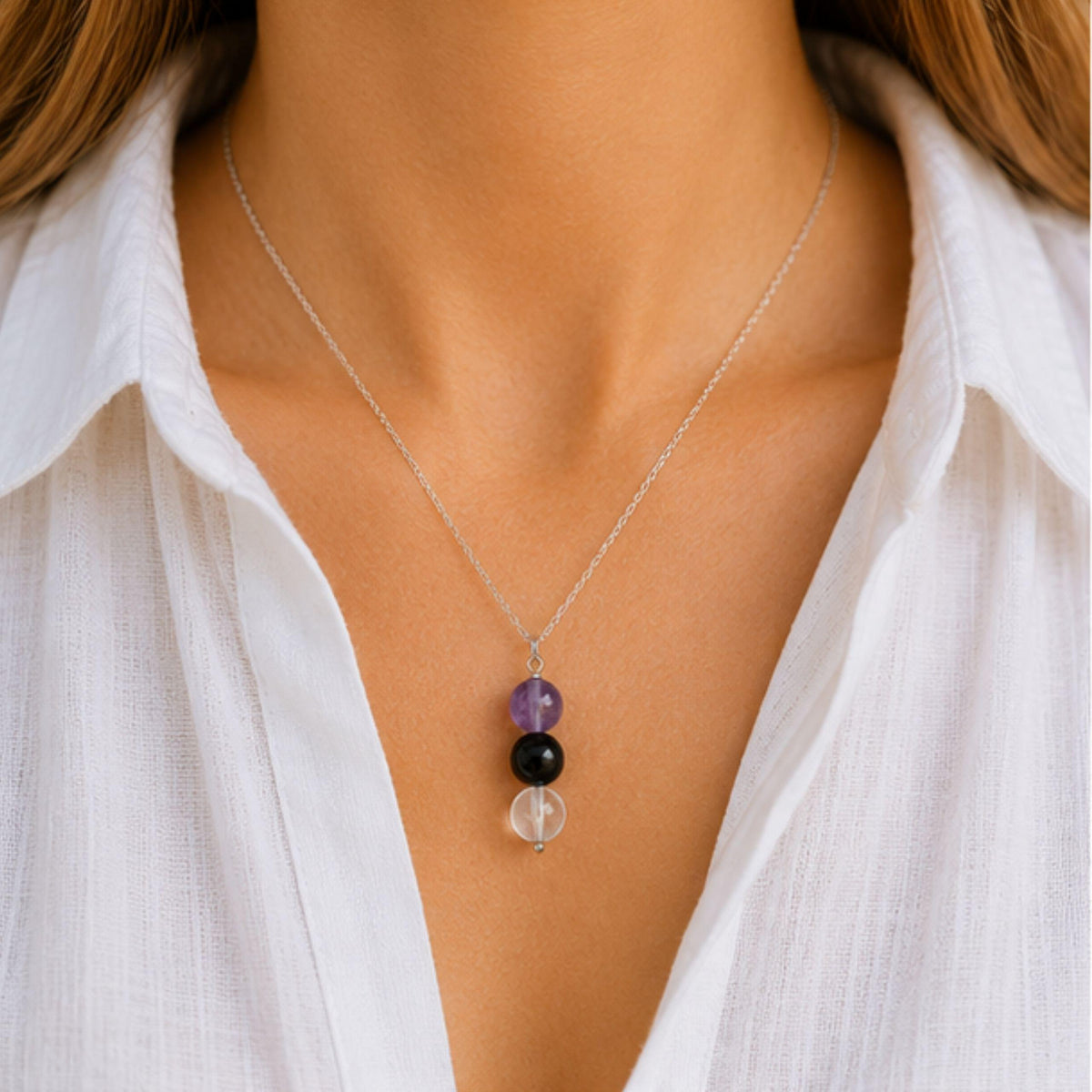 Three stone amethyst black onyx pendant necklace handmade Canada
