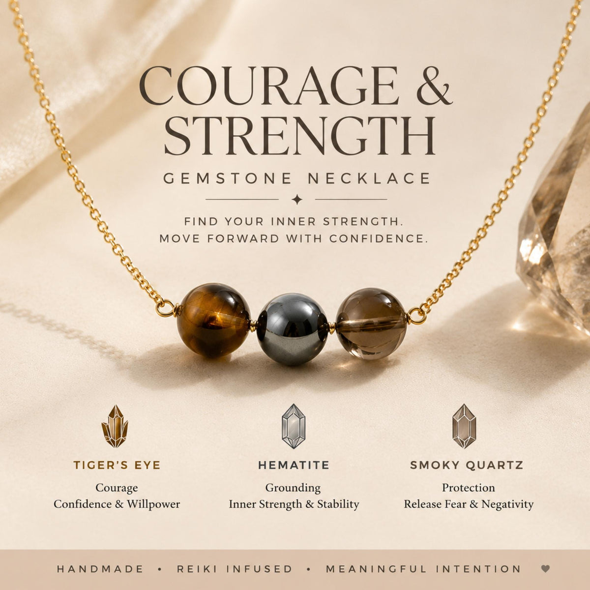 Tigers eye hematite smoky quartz crystal bar necklace for courage and strength handmade Canada