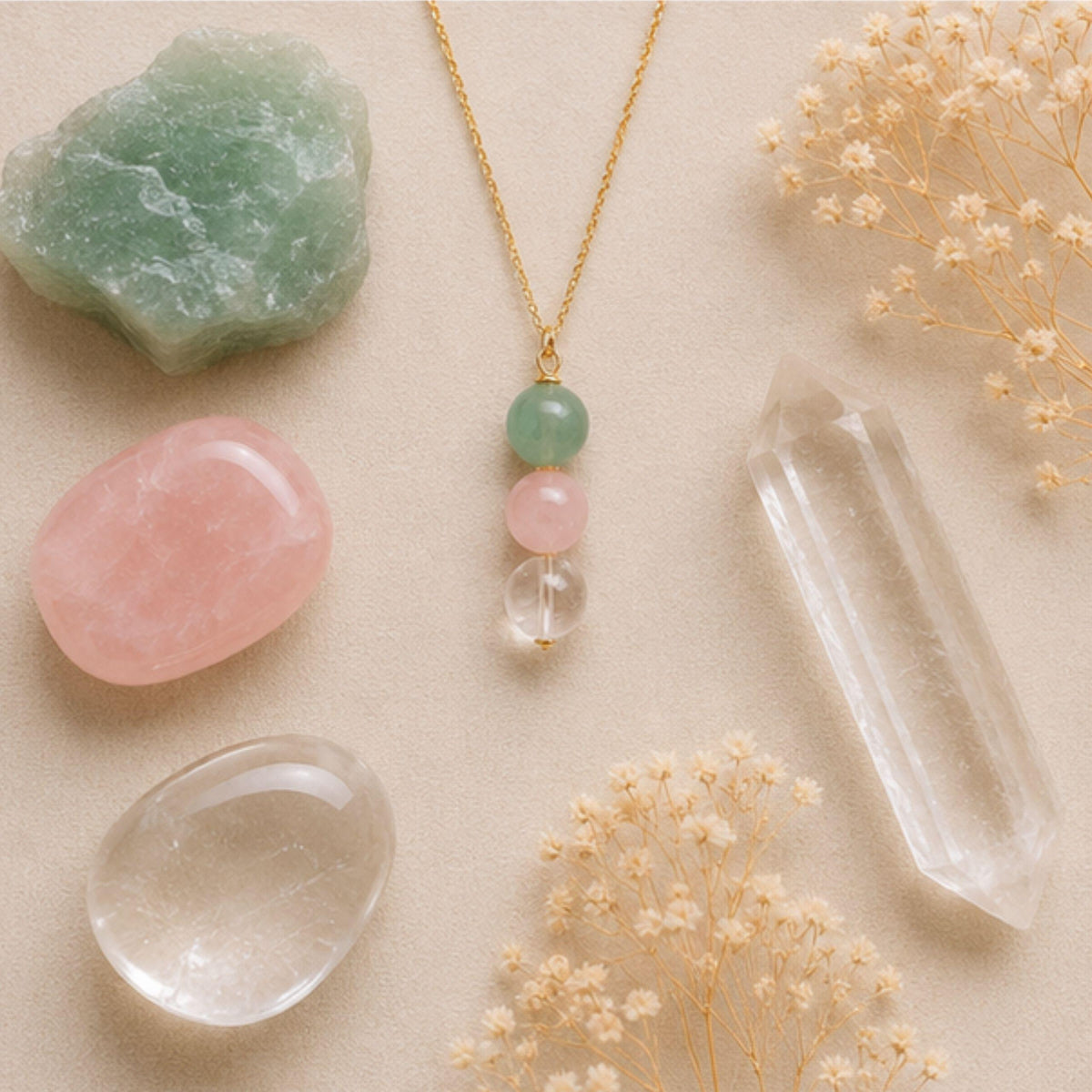 Green aventurine rose quartz clear quartz crystal pendant necklace