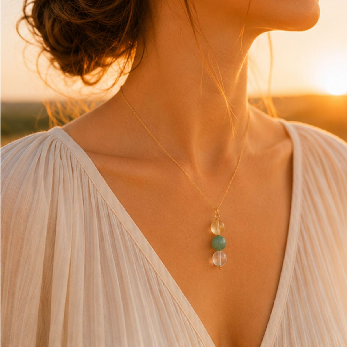 Three stone citrine green aventurine pendant necklace handmade Canada
