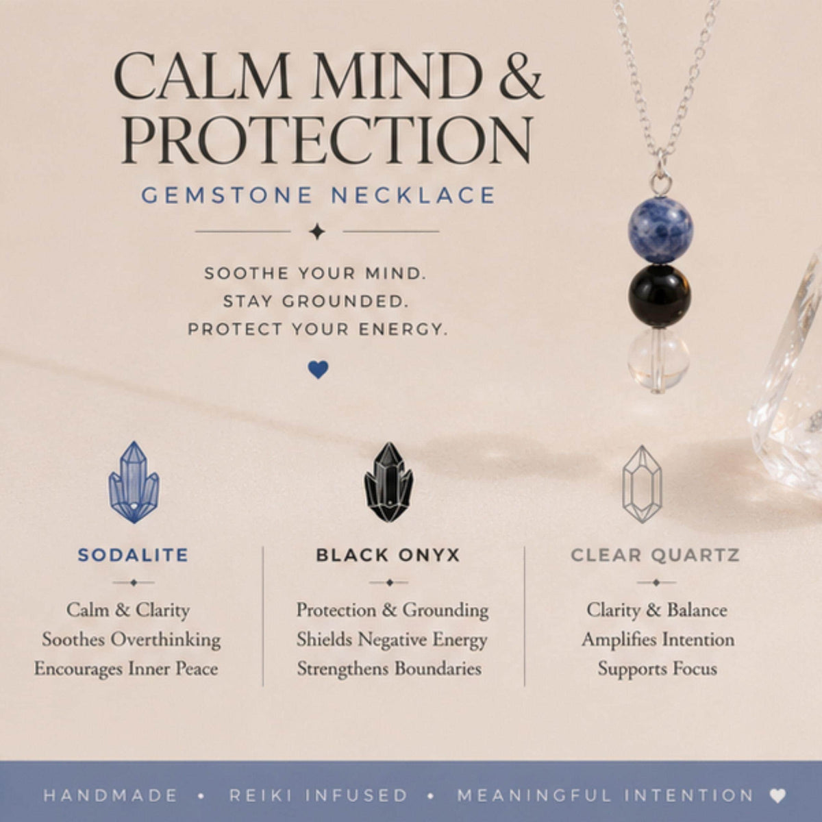 Sodalite black onyx clear quartz crystal pendant necklace for anxiety and calm 