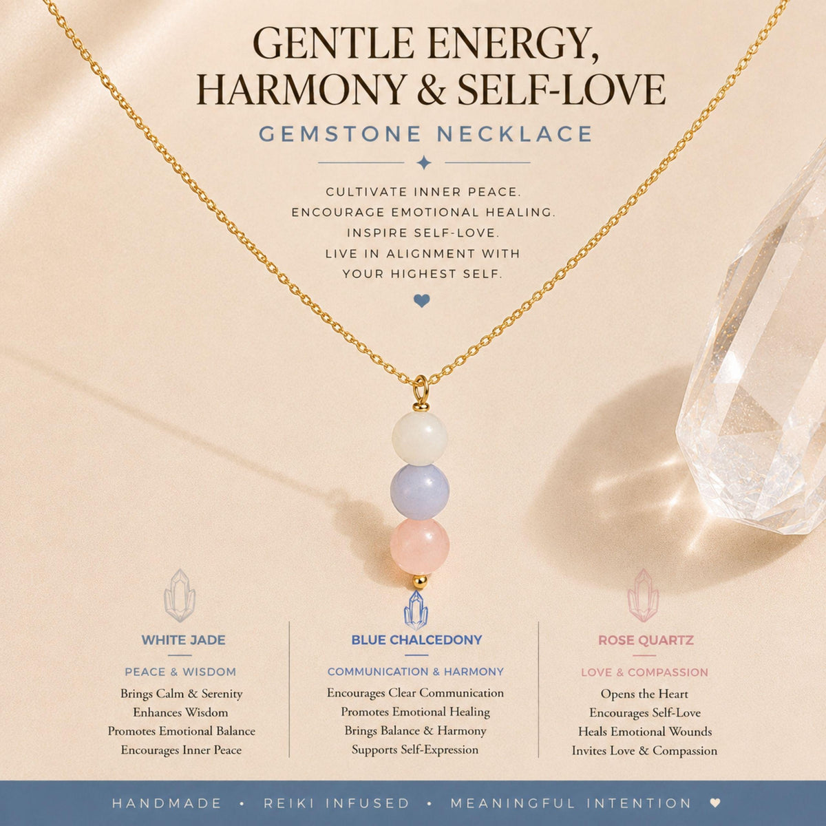White jade blue chalcedony rose quartz crystal pendant necklace
