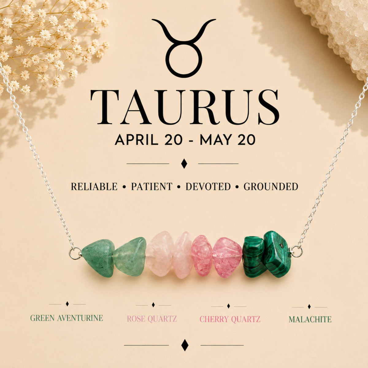 Taurus gemstone chip necklace with Green Aventurine Rose Quartz and Malachite