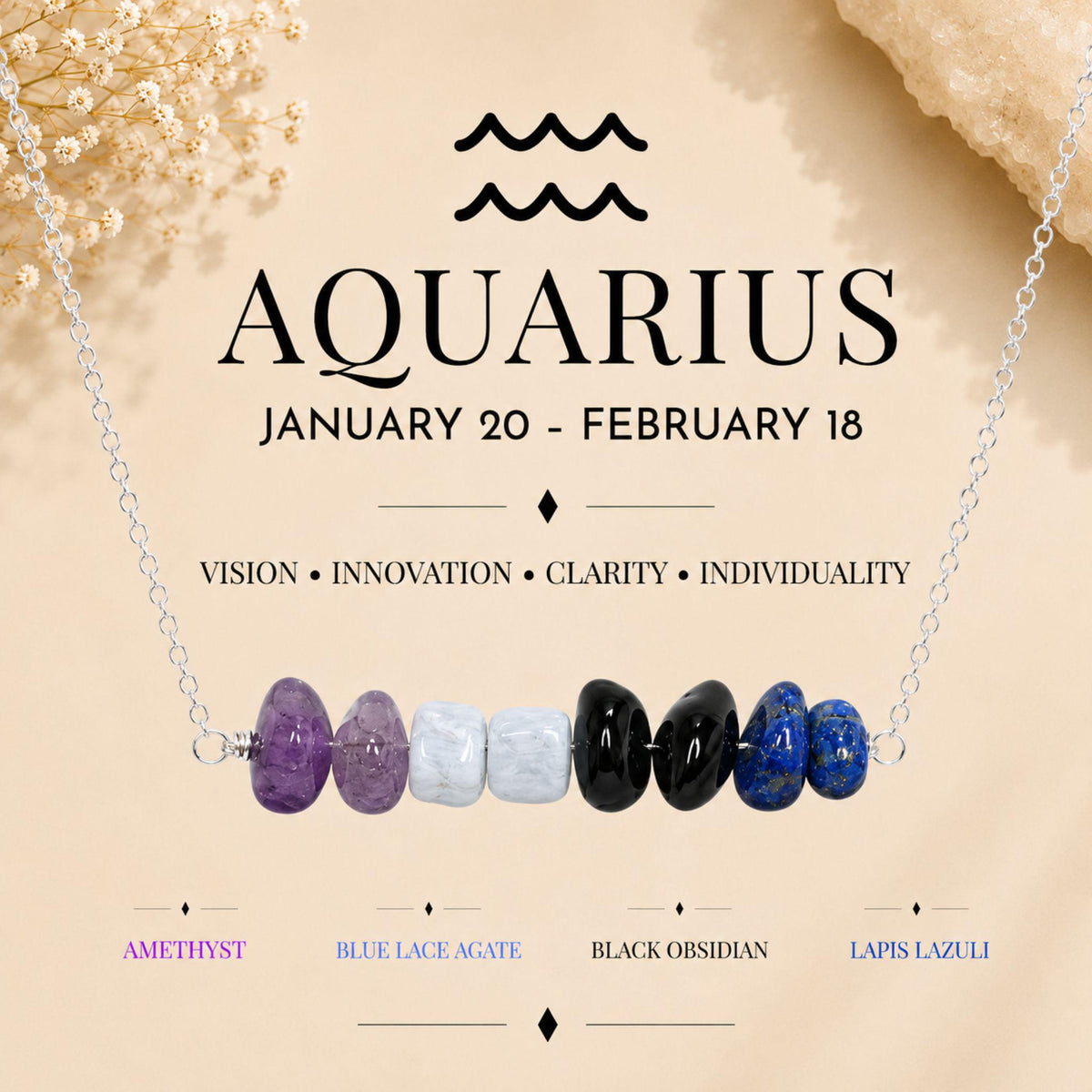Aquarius gemstone chip necklace with Amethyst Blue Lace Agate and Lapis Lazuli