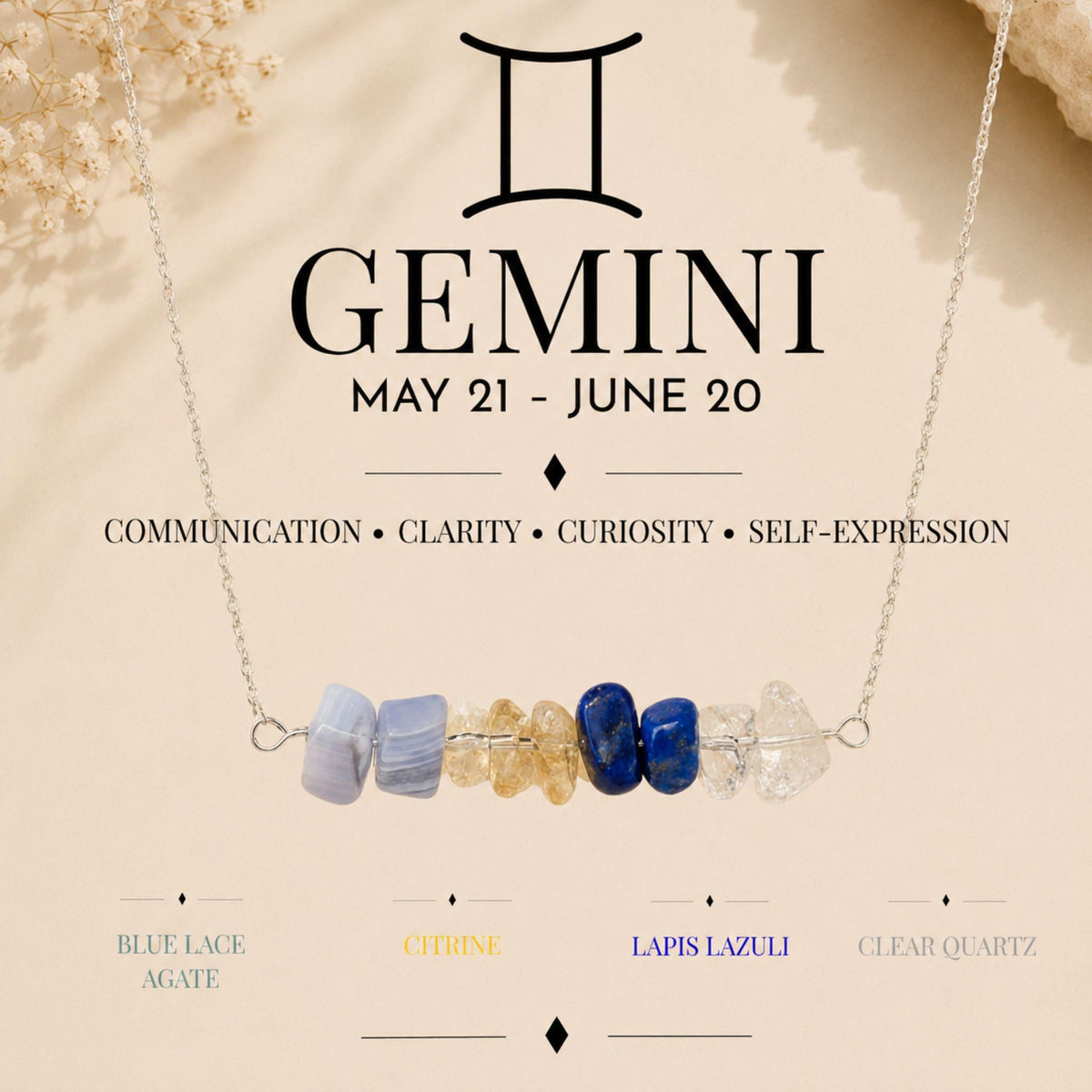 Gemini gemstone chip necklace with Blue Lace Agate Citrine and Lapis Lazuli