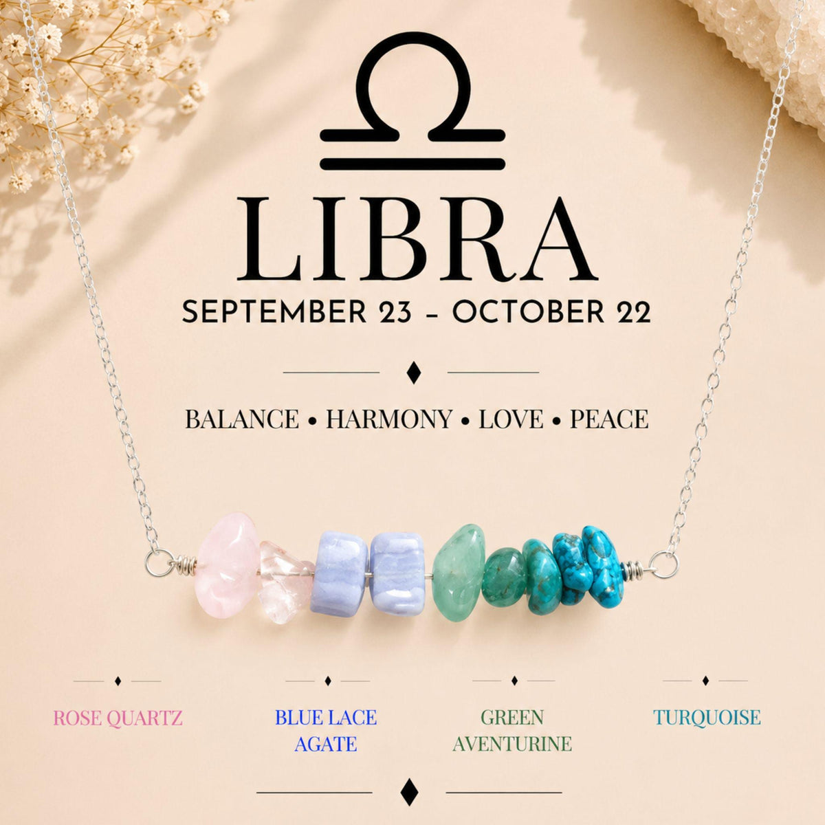 1 Libra gemstone chip necklace with Rose Quartz Blue Lace Agate and Green Aventurine