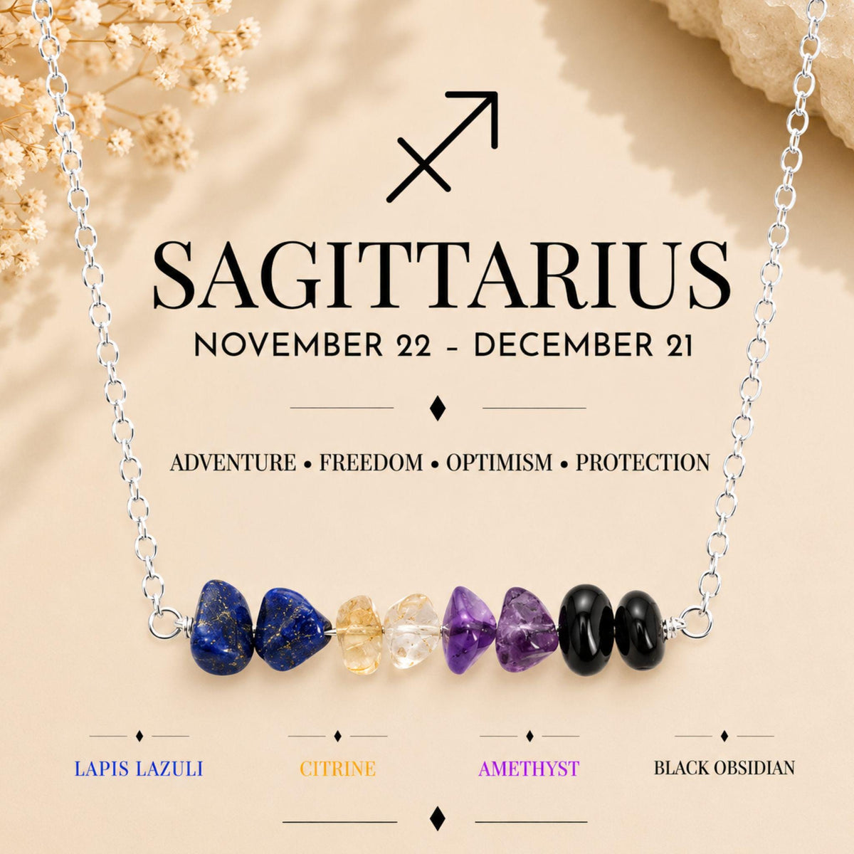 Sagittarius gemstone chip necklace with Lapis Lazuli Citrine Amethyst and Sodalite