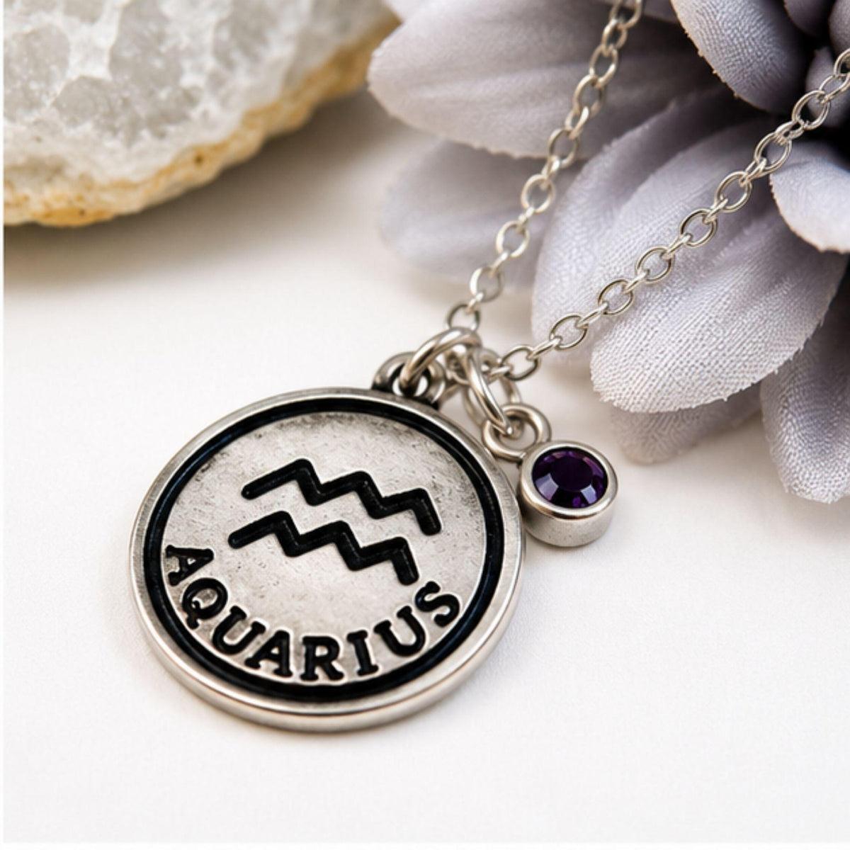 Aquarius zodiac necklace with birthstone charm