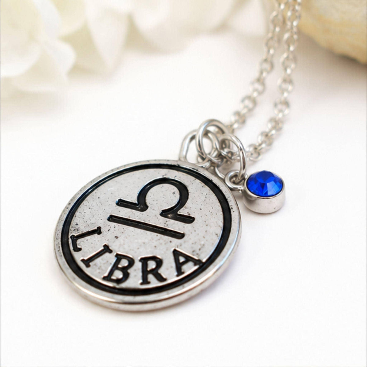 Libra zodiac necklace with birthstone charm