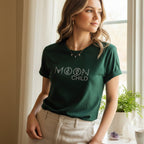 Moon Child T-Shirt in Forest Green – celestial moon child gift for women, spiritual graphic tee heat-pressed in Canada