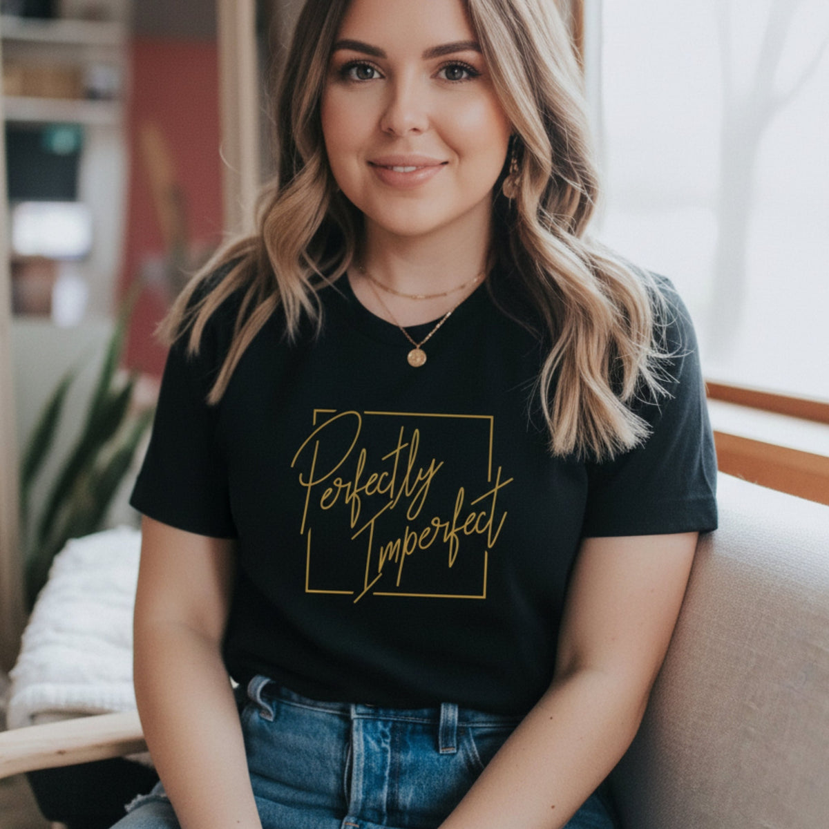 Perfectly Imperfect T-Shirt black with gold print, self-love spiritual tee