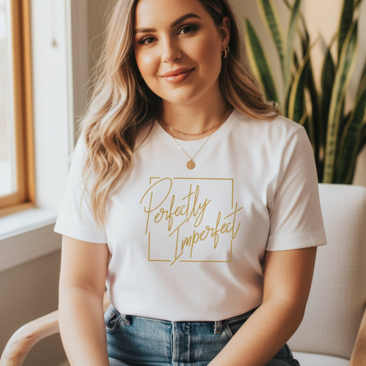 Perfectly Imperfect T-Shirt white with gold print, self-love spiritual tee