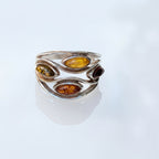 Baltic amber ring in sterling silver with three marquise-cut stones