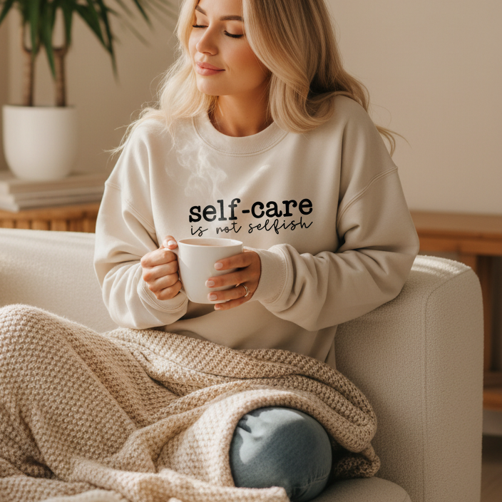 Self Care Is Not Selfish Sweatshirt in Sand – self-love gift for women, spiritual crewneck sweatshirt