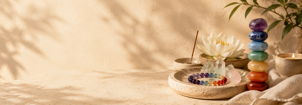 Shop by Chakra banner for Intention Charms featuring a chakra bead bracelet and matching crystal bowl set arranged on a sandy surface next to a stacked chakra tower, with a lotus flower, candle, and soft shadow projection