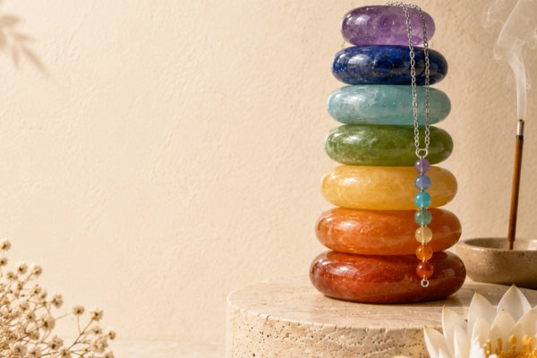 Shop by Chakra banner for Intention Charms featuring a stack of seven polished gemstone chakra towers in purple, blue, green, yellow, orange, brown, and red, with a matching multicolor beaded necklace draped over the stack, set on a textured beige pedestal against a warm beige wall.
