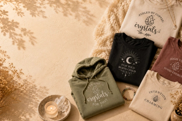 Shop clothing banner for intention chamrs featuring a styled flat-lay of four graphic hoodies and T-shirts in neutral earth tones, including sage green, black, cream, and mauve, arranged on a textured beige surface with a candle, crystals, and dried botanicals.