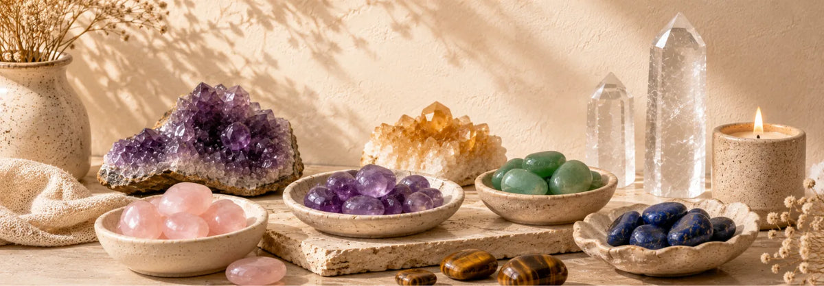 Shop by gemstone banner for intention charms featuring a styled arrangement of crystals and gemstones on a wooden surface, including a large purple amethyst geode, a smaller orange citrine cluster, clear quartz towers, bowls of pink, purple, green, and blue stones, polished tiger's eye, and a lit candle in a warm neutral setting.