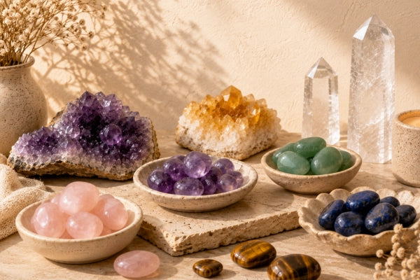 Shop by gemstone banner for intention charms featuring a styled arrangement of crystals and gemstones in ceramic bowls and clusters, including purple amethyst, clear quartz towers, pink rose quartz, green aventurine, blue lapis lazuli, and brown tiger's eye stones, set against a warm beige textured background with dried flowers.