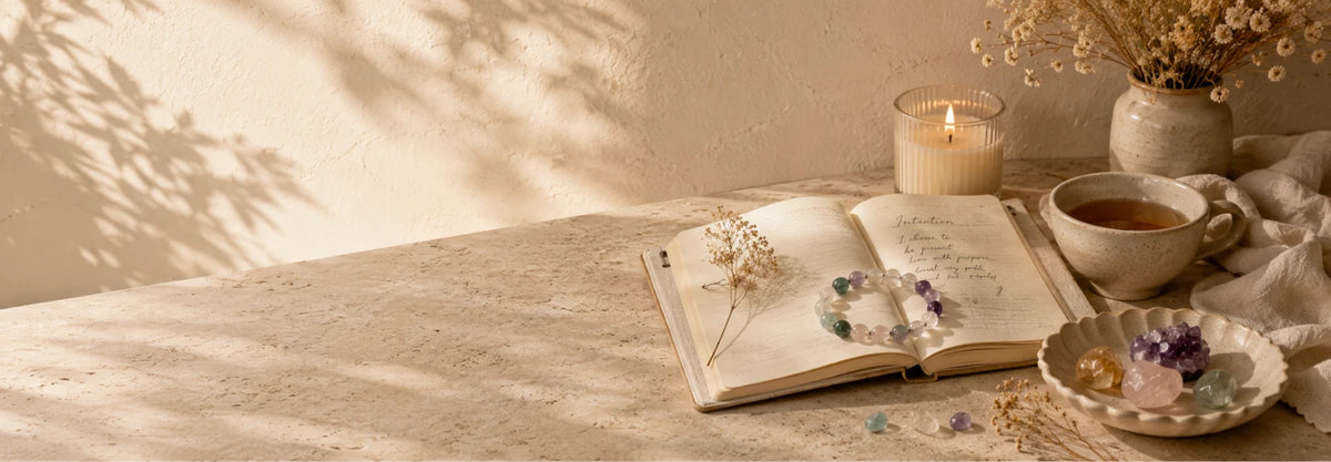 Shop by intention banner for Intention Charms featuring a cozy tabletop scene with an open book, a small floral wreath, a lit candle, a cup of tea, and dried flowers in a vase, all arranged on a textured surface with warm sunlight and leaf shadows.