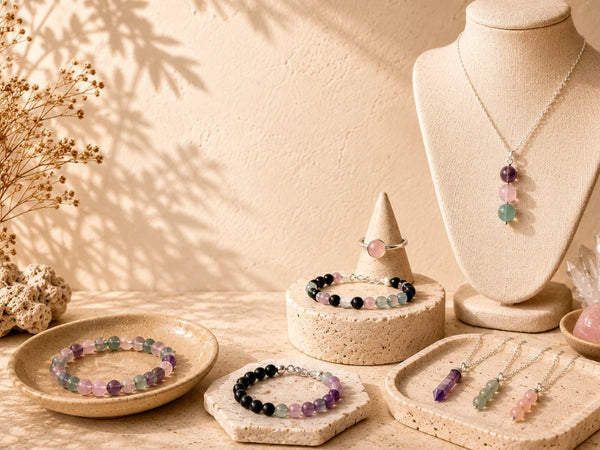 Shop by jewelry type banner featuring a styled jewelry display featuring multiple beaded bracelets, necklaces, and a ring on textured stone blocks and trays, with a necklace displayed on a cream fabric mannequin bust against a warm beige wall with leaf shadows.