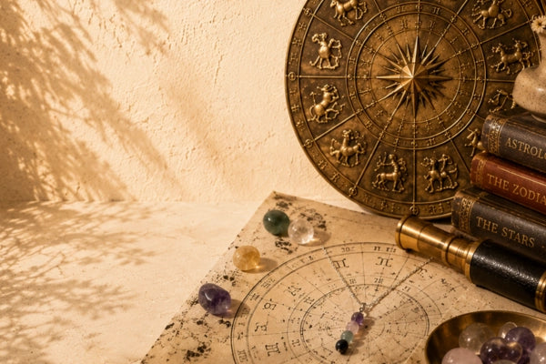Shop by Zodiac and Birthstone banner featuring a styled astrology-themed still life featuring a brass zodiac wheel, a vintage telescope, stacked books, crystals, and a necklace on a parchment sheet against a textured wall with warm sunlight and leaf shadows.