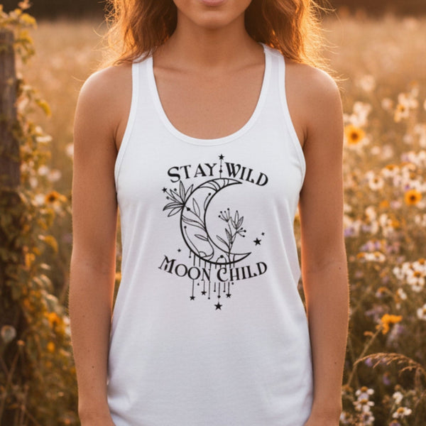 Stay Wild Moon Child racerback tank top in white – moon lover gift, celestial women's tank