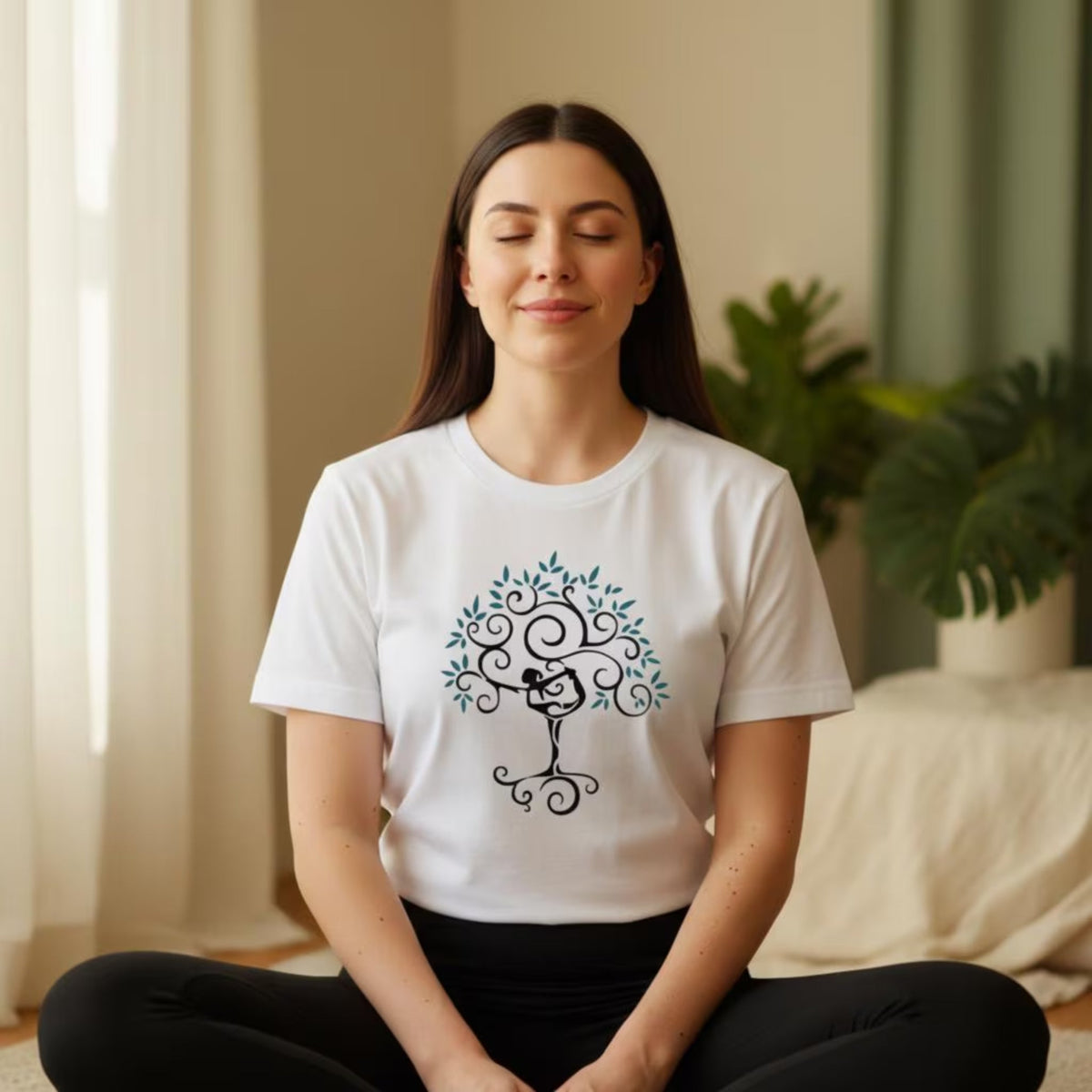 Yoga Tree of Life T-Shirt in White modeled – tree of life spiritual tee, yoga gift for women heat-pressed in Canada